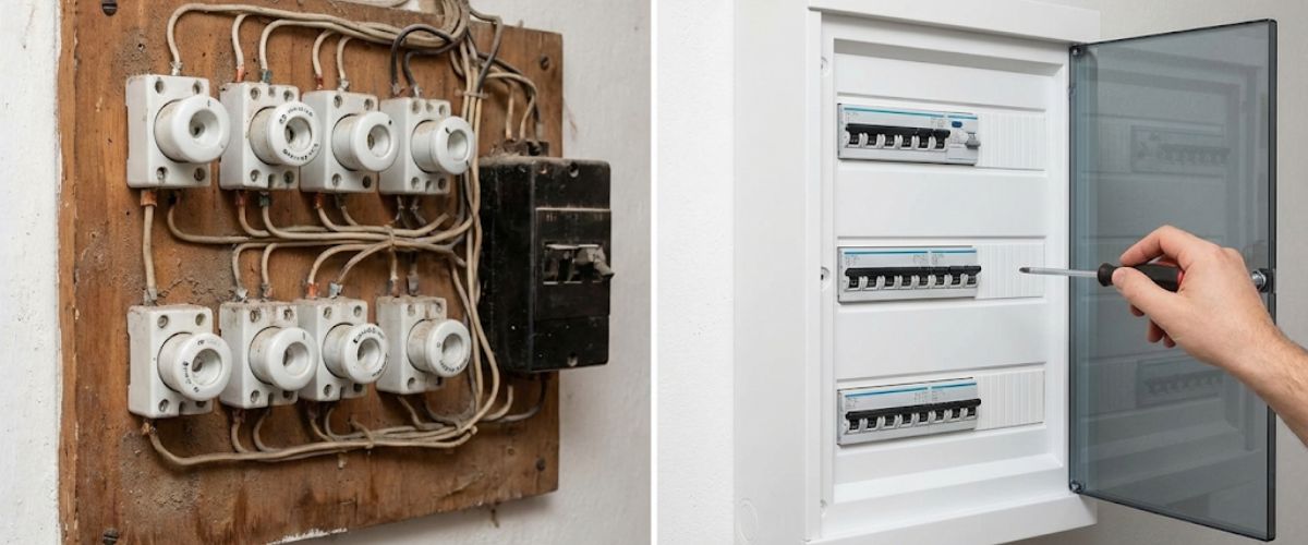 Old ceramic fuse box being replaced with modern switchboard Central Coast