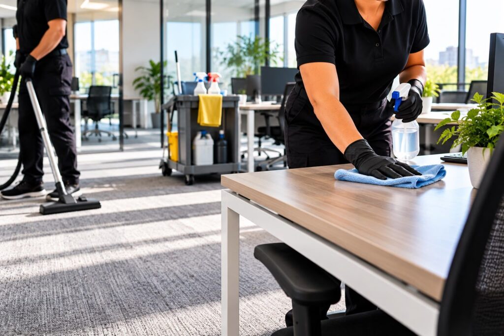 Two Clarke & Reo cleaners vacuuming and wiping desks in an open-plan office