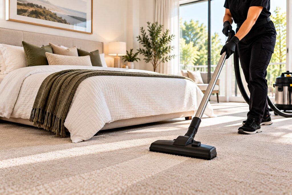 Cleaner vacuuming the carpet of a sunlit bedroom during a home clean