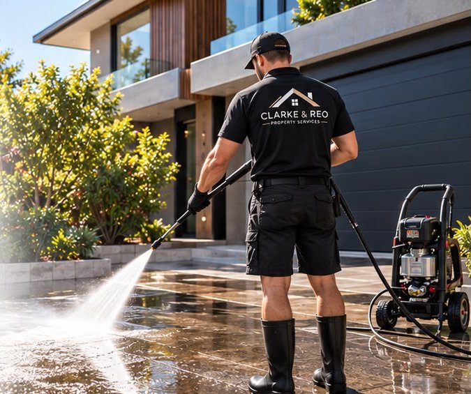 Clarke & Reo team member in branded uniform pressure cleaning outdoor paving