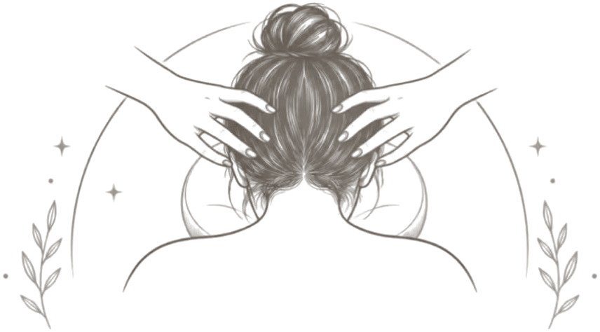 Line illustration from the Scratch Therapy logo: two hands gently scratching through a woman’s hair, seen from behind, with her shoulders and back below.