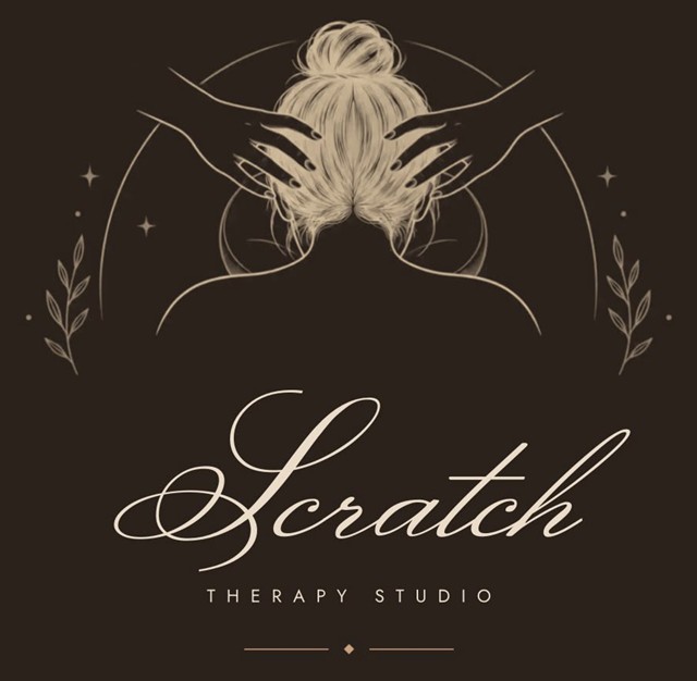 The Scratch Therapy Studio emblem: two hands in a woman’s hair inside an arch, above the script logo.
